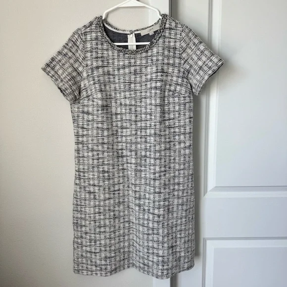 Loft Fringe Tweed Shift Dress Size 4 Short Sleeved Ballet Neck Business Casual - Picture 2 of 16